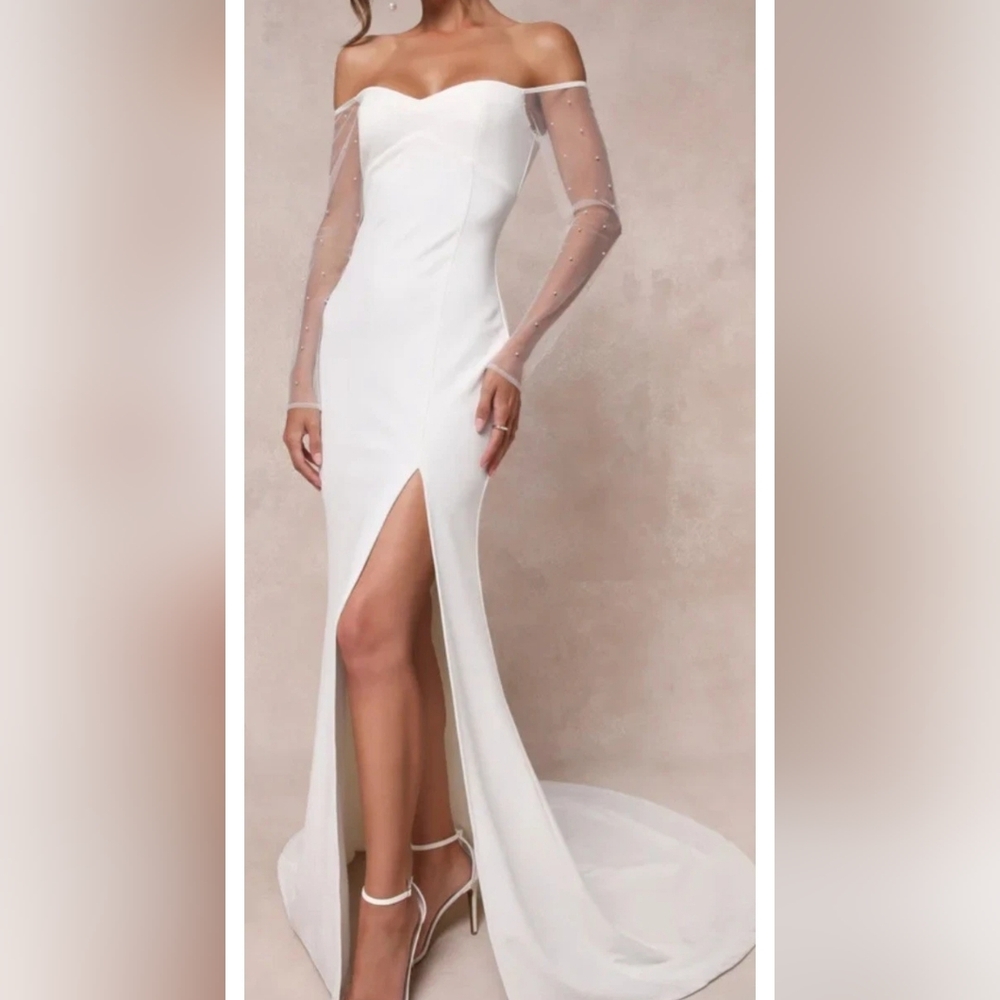 Off-Shoulder White Evening Gown with Sheer Beaded Sleeves
